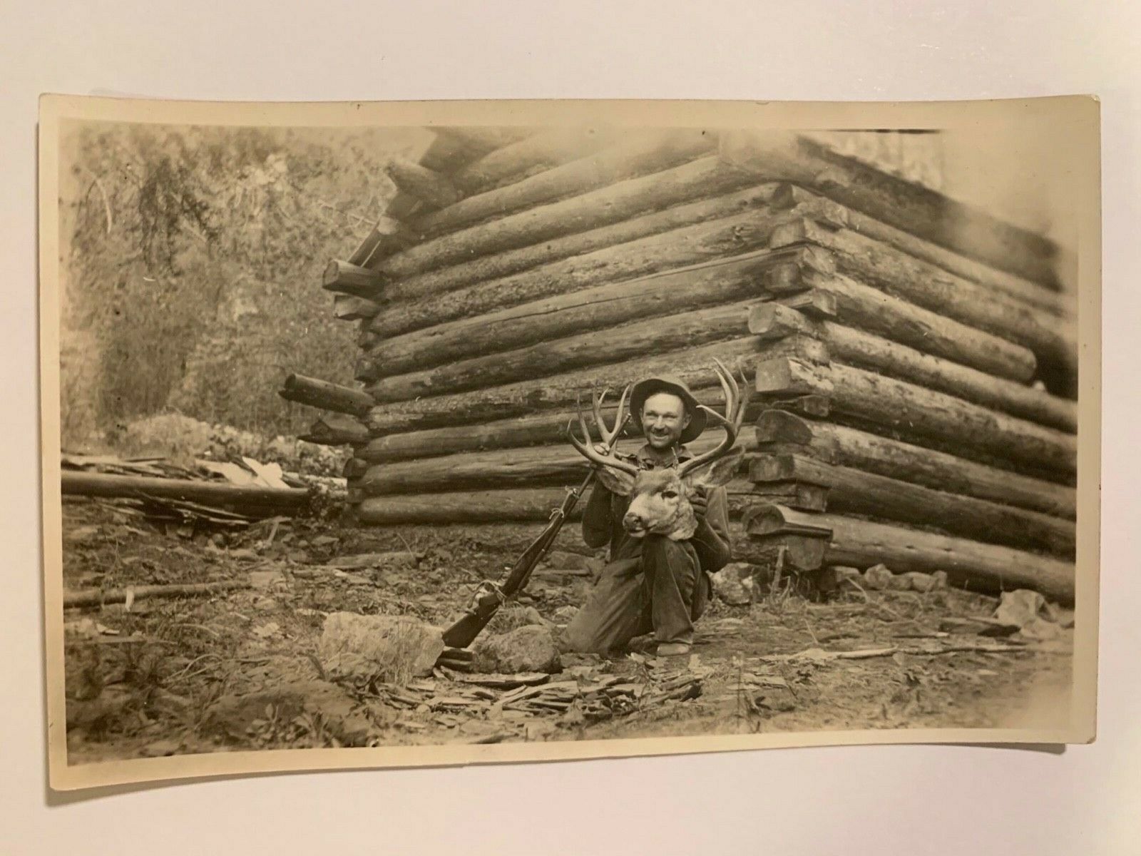 Vintage Hunter Log Cabin Deer Elk RPPC Real Photo Idaho Postcard