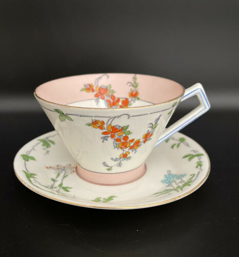 ANTIQUE ATLAS ENGLAND Bone China Teacup Cup & Saucer Enamel Art Deco