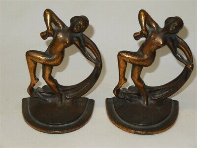 Pair Antique Art Deco Dancers Copper Plate Cast Iron Bookends