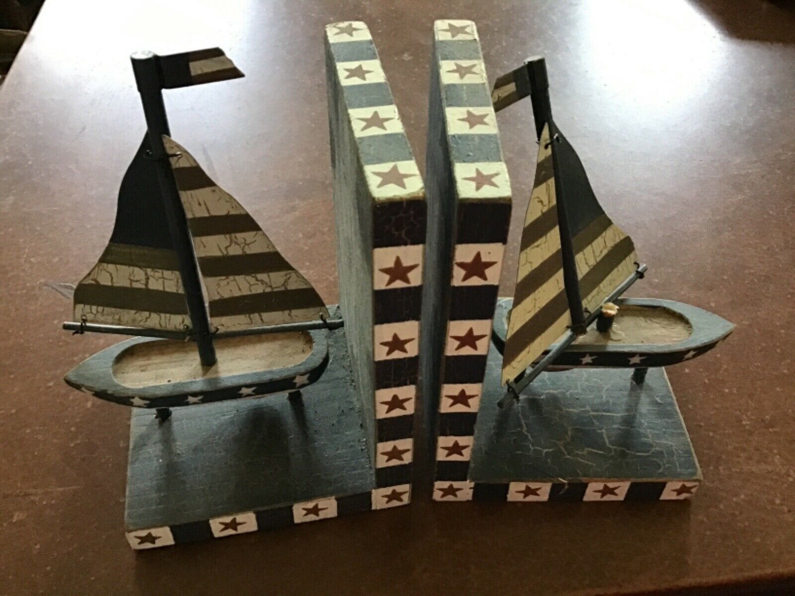 Red, White, Blue Painted Wooden Sailboat Bookends. Nautical, Patriotic