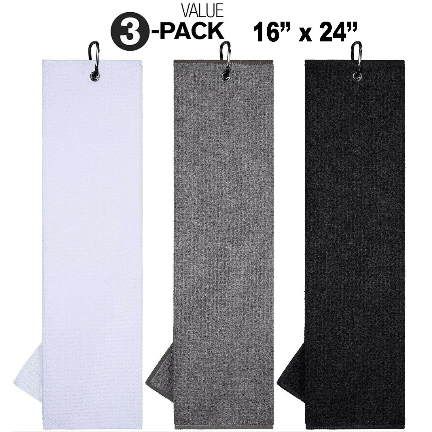 3 Pack Of Premium Colored Microfiber Golf Towels 16" X 24" With Carabiner Clip